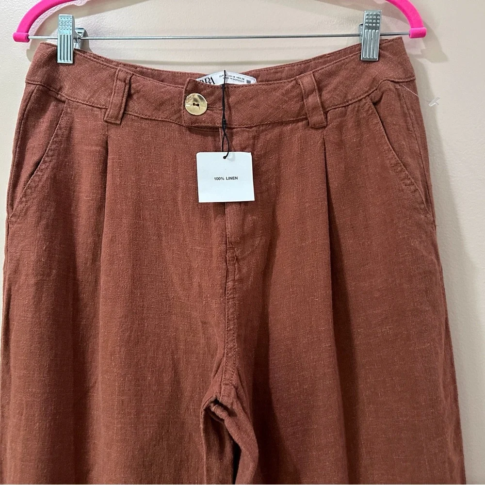 ZARA Terracotta Linen Wide Leg Pleated Pants Rust Brown Boho Trouser Women’s M